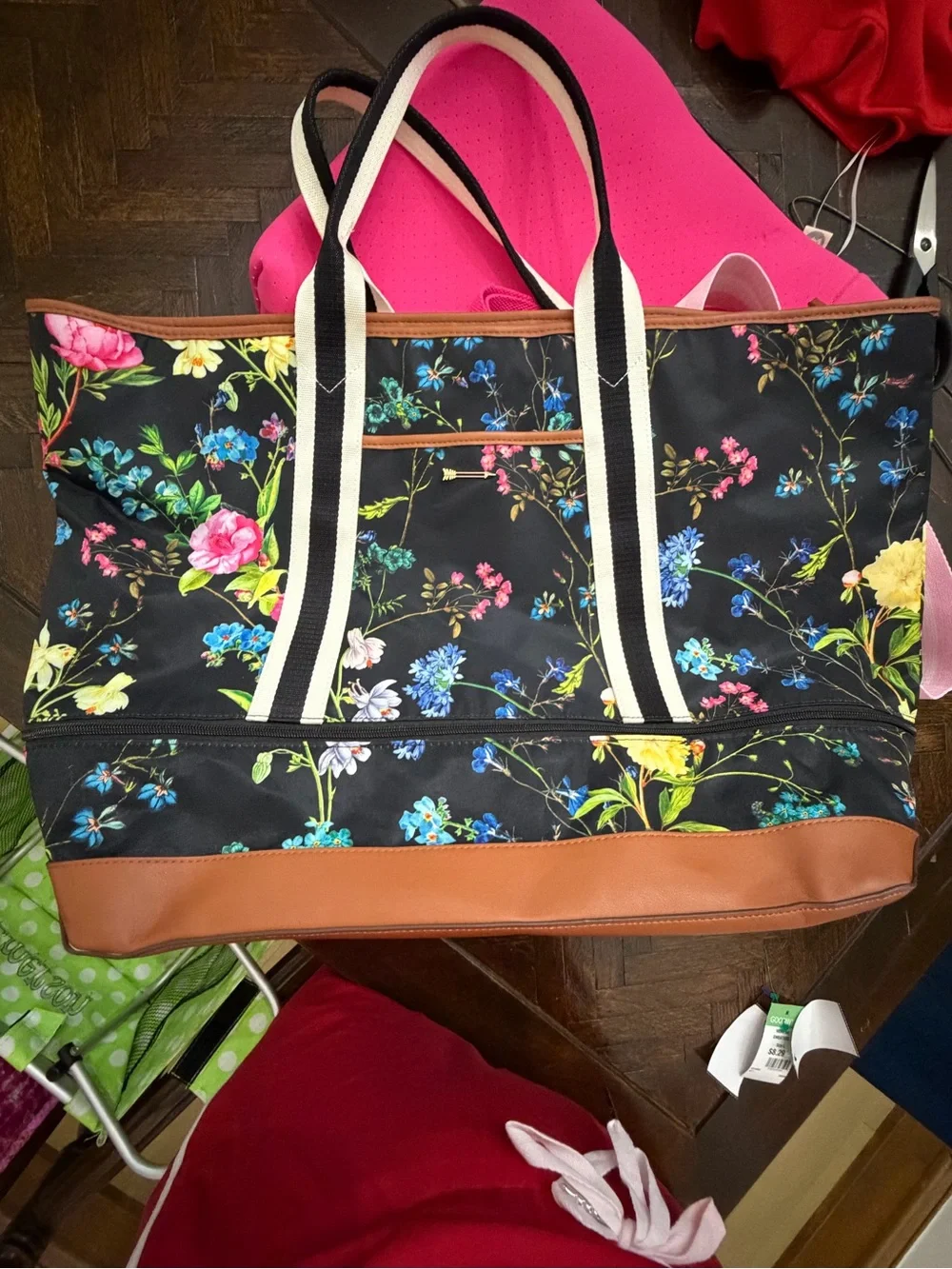 Stella & Dot Black Floral Canvas Tote with Brown Trim